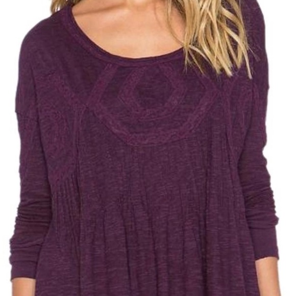 Free People Lace Embroidered Pintuck Pleated High Low Purple Knit Tunic Tee S - Picture 7 of 14
